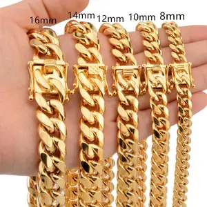 Stainless Steel Miami Cuban Chain Necklace for Men 6/8/10/12/14mm Curb Link Lock Clasp Jewelry