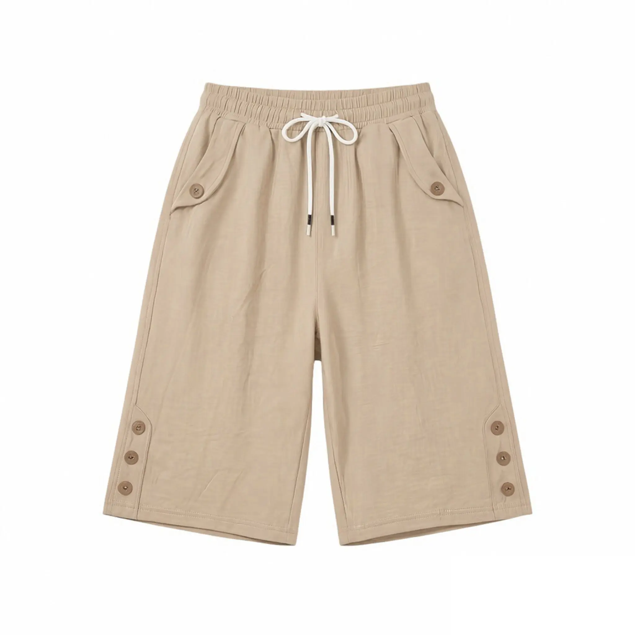 Women&rsquo;s loose Bermuda shorts with an elastic waistband and drawstring design, casual knee-length length, featuring decorative buttons for comfortable everyday wear.