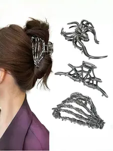 Gothic Skull Hand Spider Hair Clips Set, Halloween Dark Metal Hair Accessories, Fits Thick Thin Hair, Punk Subculture Party Headwear