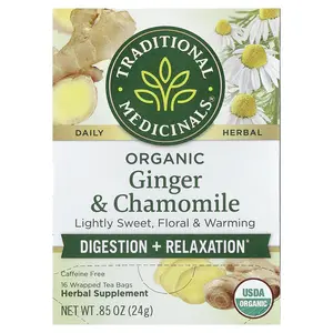 Traditional Medicinals Organic Ginger & Chamomile, Caffeine Free, 16 Wrapped Tea Bags, 0.85 oz (24 g)