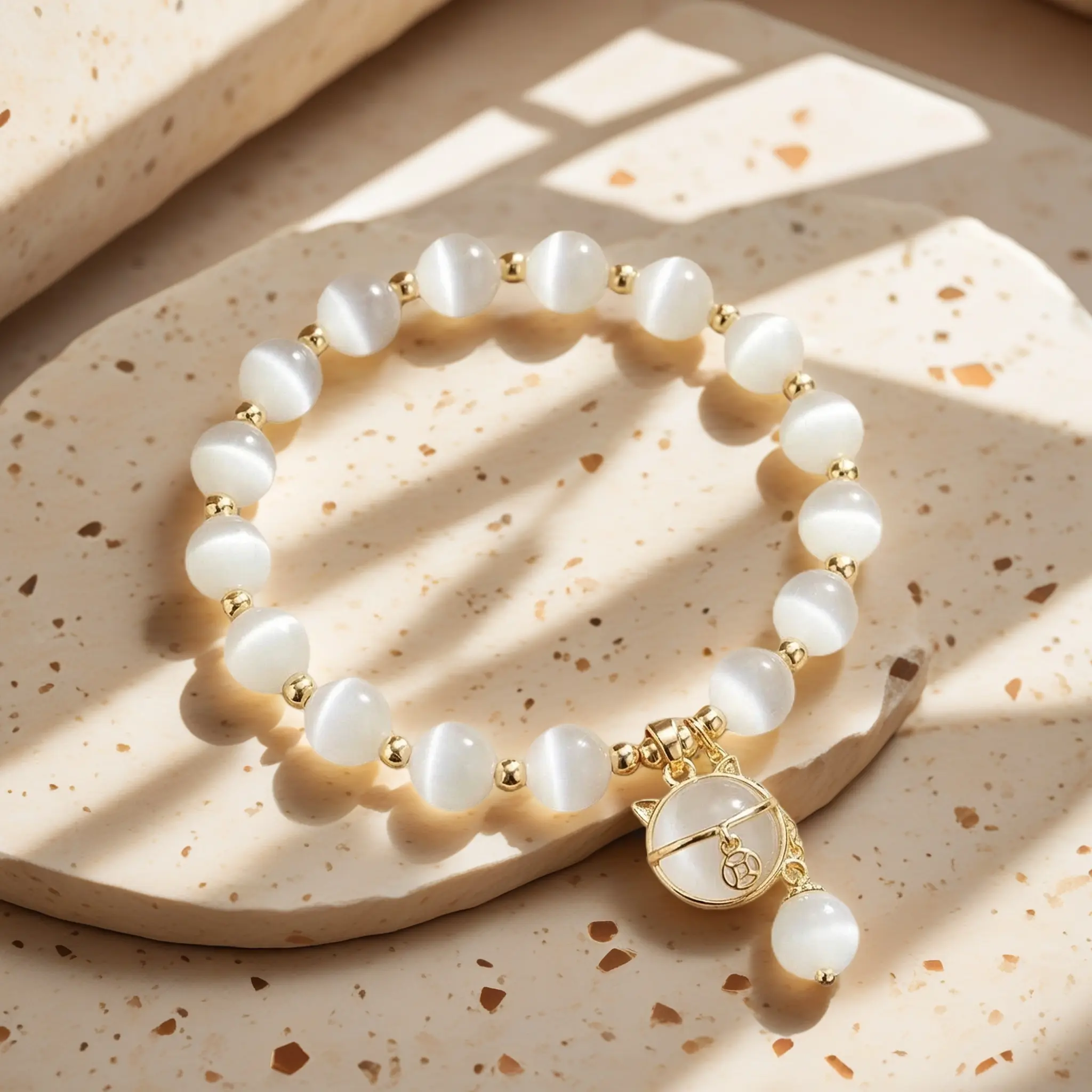 Natural Cat's Eye Bracelet 8mm Moonlight White| Aura Protection Crystal, Positive Vibes Adjustable Bracelet, Viral on TikTok Shop