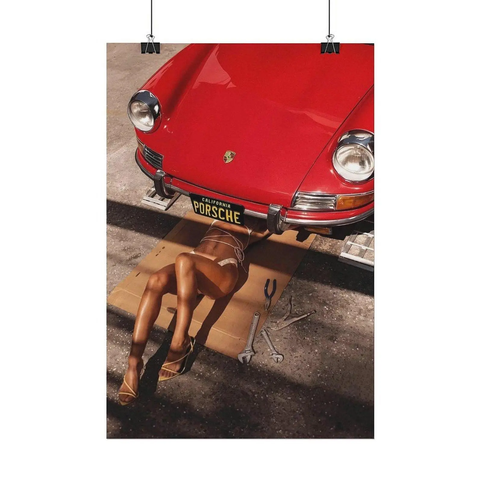 Vintage Red P0rsche 911 with Woman Mechanic Art Print Artistic Vintage Prints Home Wall Art Poster, Premium Poster, Home Decor Idea, Room Decoration, Wall Art Decor