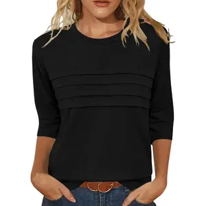 3/4 Length Sleeve Womens Tops Round Neck Casual Tunic Tops Pleated Shirts Dressy