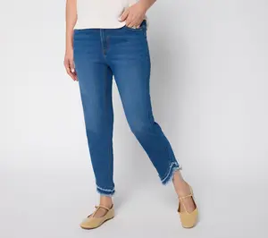 QVC Denim & Co. Women's Petite Indigo Frayed Hem Ankle Jeans