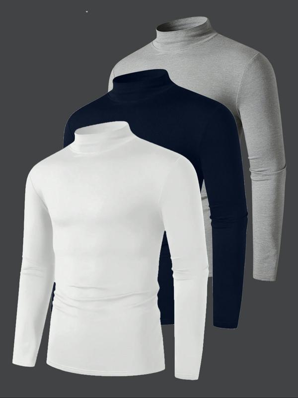3pcs Men's Solid Color Casual Turtleneck Long Sleeve T-Shirt, Mens Fall And Winter Base Shirt, Men's Spring High Neck Shirt, Men's Summer Half High Neck Shirt, Men'S Casual Top Jacket, Suitable For All Seasons Of Casual Items