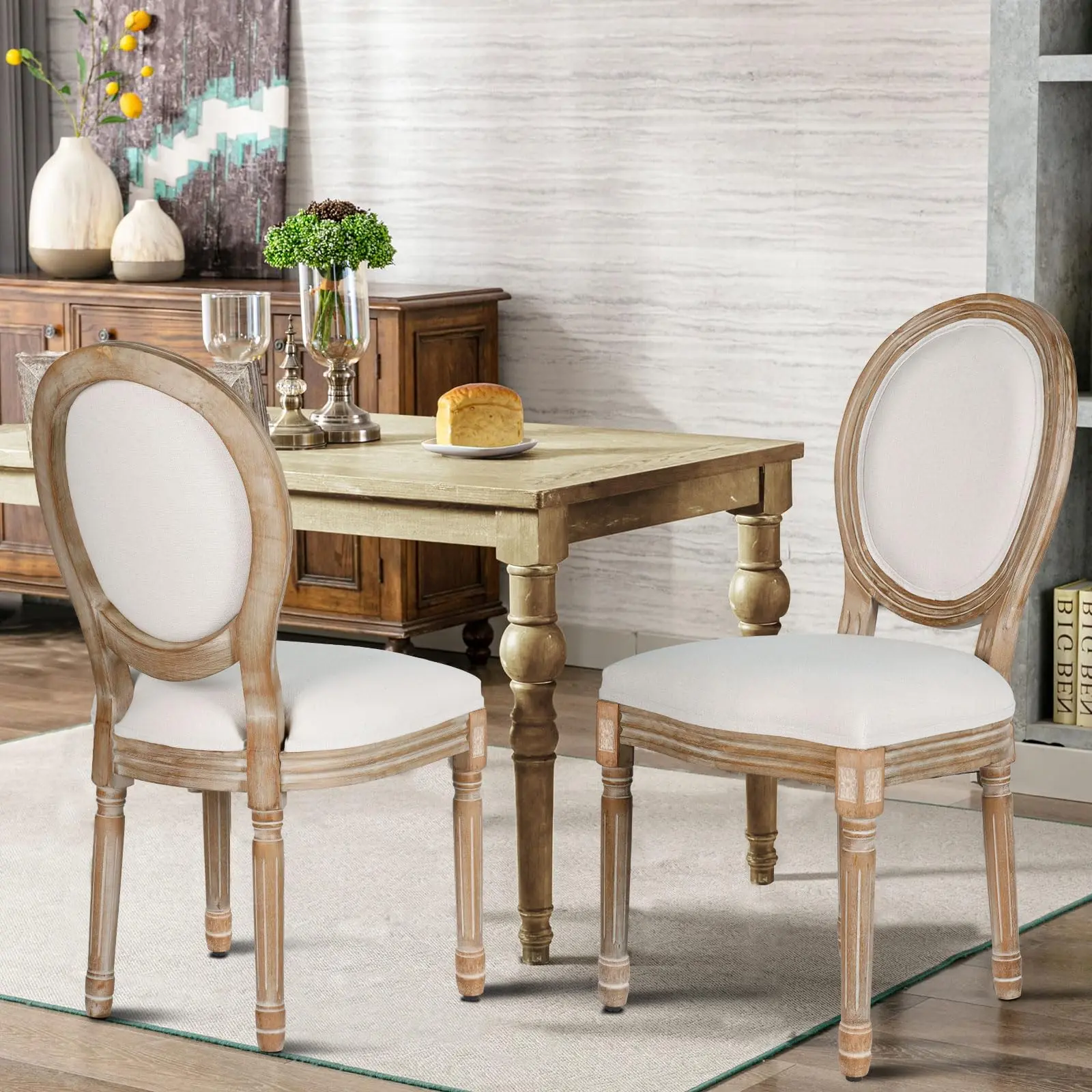 Polar Aurora Dining Chairs Set of 2, Beige French Country Style with Solid Wood Legs, Rattan Fabric Round Square Back Options