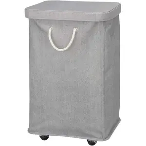 mDesign Large Polyester Rolling Laundry Hamper with Wheels, Removable Lid, and Rope Carrying Handles - Collapsible Hampers with Wheels for Compact Storage - Tall Single Compartment Basket - Gray