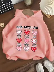 Girls' Hooded Sweatshirt Faith Heart Design, Love Letter Print, Inspirational Style, Soft Fabric, Positive Energy Clothing, Graphic Casual Hoodie