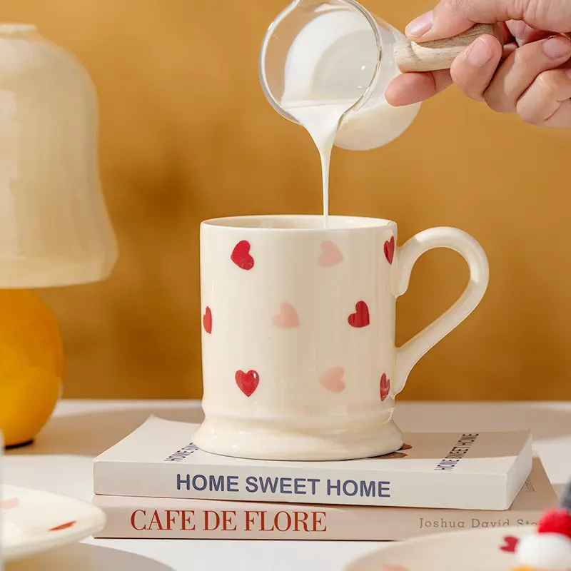 ❤️12 oz ceramic heart-shaped cup with heart pattern, perfect romantic Valentine's Day gift for couples, anniversary, and wedding table decoration，Heart Design Ceramic Coffee Mug, Creamy Style Water Cup, Afternoon Tea Cup, Milk Cup, Breakfast Cup,