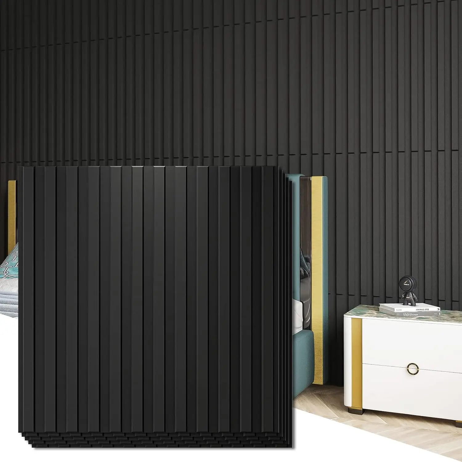 Black 3D Fluted Textured Slat Wall Panel Set, 12-Tile Home Interior Decorative Modern Design (19.7x19.7in)