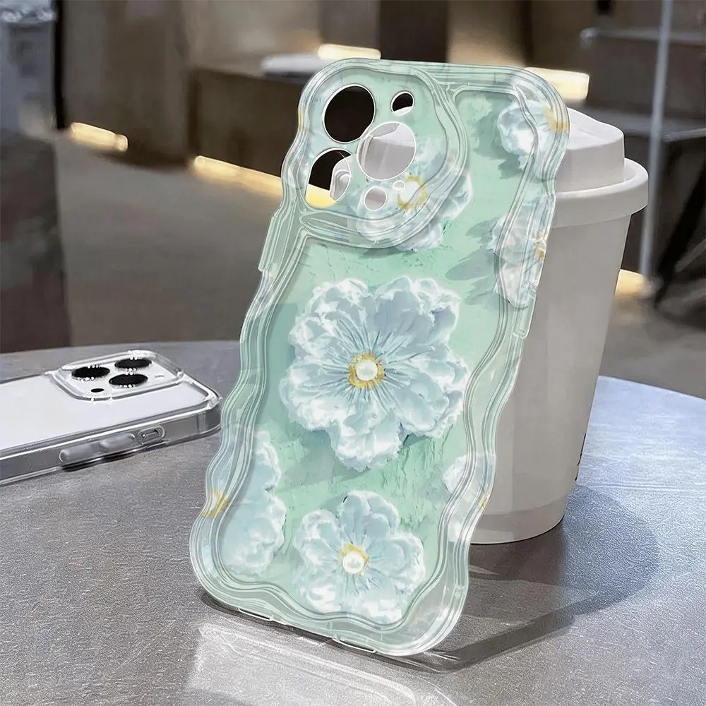 Trendy 3D Embossed Floral Wavy Phone Case for iPhone 17PROMAX 16 15 14 13 12 11 X series ,Clear Glossy Aesthetic Protective Case