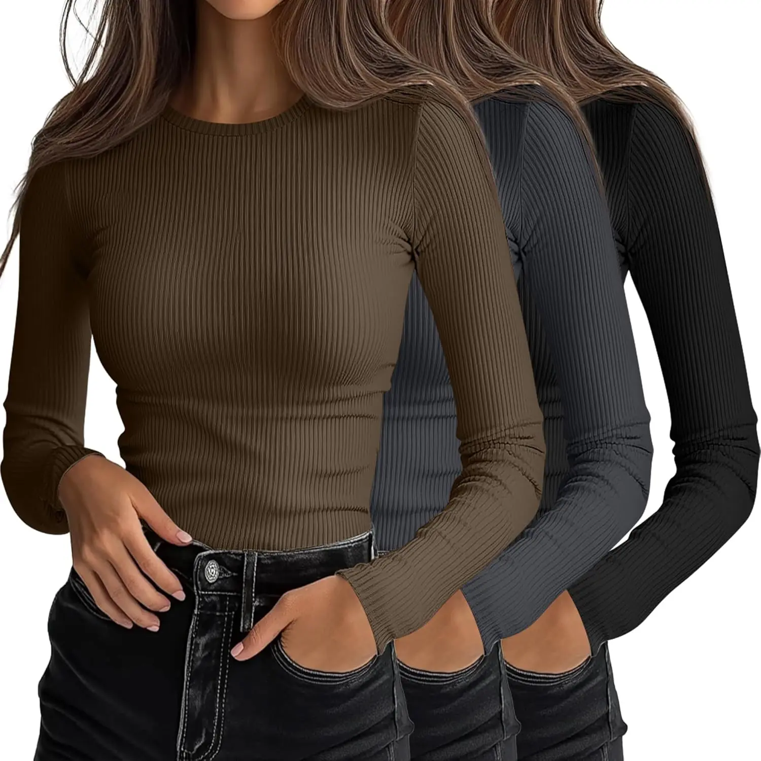Women's 3-Pack Ribbed Long Sleeve Crew Neck Slim Fit Undershirts - Spandex Fabric Layering Tees for Winter School Leisure, Pair with Jackets