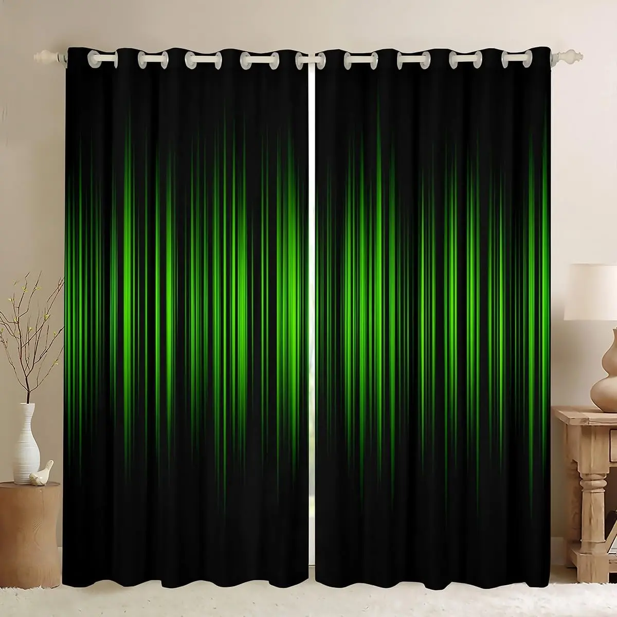 Feelyou Blackout Curtain Panels with Blackout Cloth - Green Abstract Ombre Stripes, 30%-50% Light Blocking, Black Gradient Line Drapes, Geometric Household Window Treatments