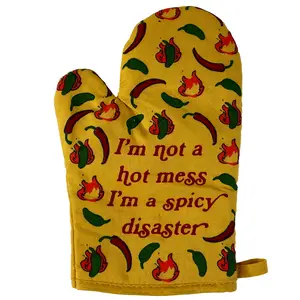 I'm Not A Hot Mess I'm A Spicy Disaster Oven Mitt Funny Chili Peppers Heat Graphic Novelty Kitchen Glove Funny Graphic Kitchenware Bakeware Funny Sarcastic  Novelty Cookware Yellow