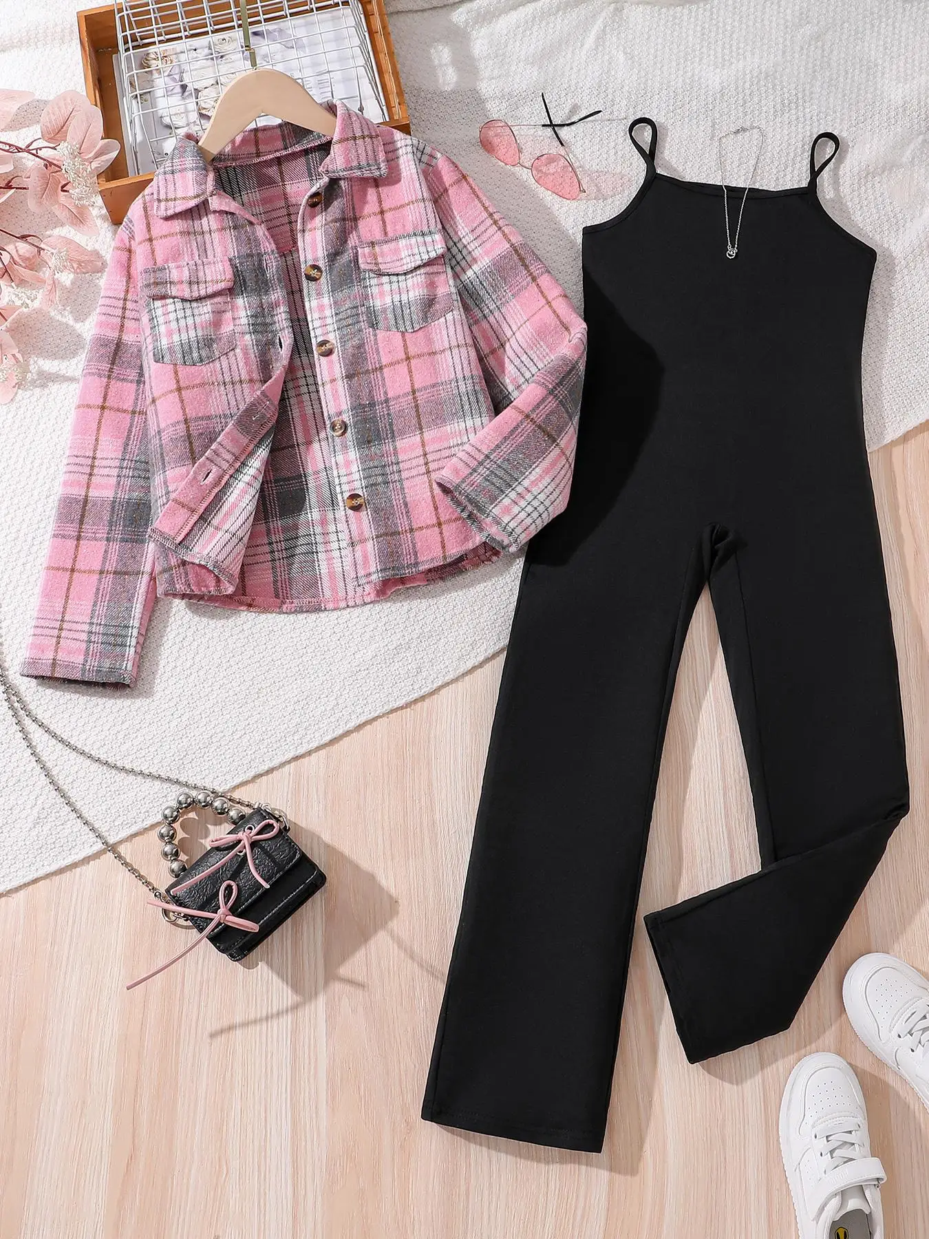 Two-piece Set Girl's Plaid Print Button Front Pocket Shirt Jacket & Jumpsuit Set, Casual Long Sleeve Collared Top & Jumpsuit for Fall & Winter, Kids C