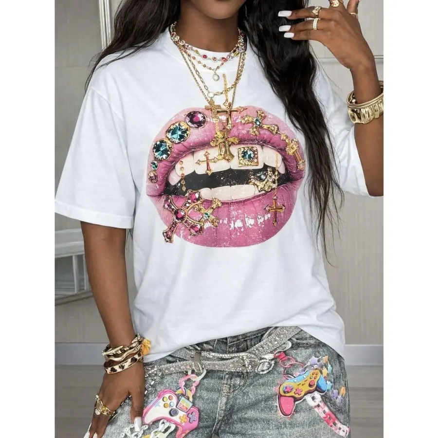 Rhinestone Lip Graphic Tee Women Oversized Streetwear Short Sleeve Crewneck Casual Loose Fit Soft Cotton T Shirt Y2K Trendy Going Out Summer Outfit Top