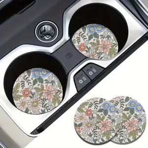 2pcs Beauty Flowers Pattern Absorbable Car Cup Holder Coasters, Car Interior Accessories for Women, Cup Coasters for Car Vehicles & Home Desk