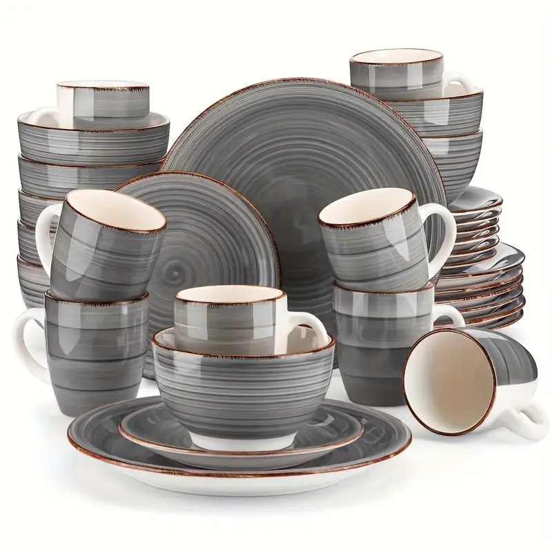 32pcs Classic Gray Handmade Dinnerware Set, Dishwasher Safe