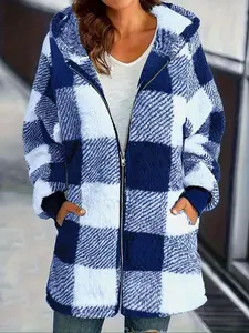Women's Casual Knit Plush Hooded Jacket, Womenswear Colorblock Long Sleeve Checkered Coat with Zipper & Pockets, Loose Fit Fall Winter Outerwear