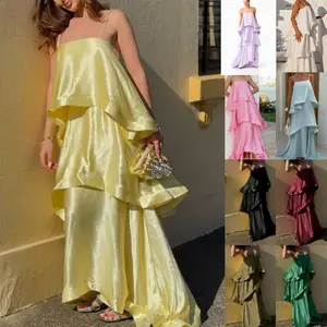 Women's White Sleeveless Satin Strap Multi-Layer Casual Loose Dress, New Spring-Summer Vacation Style, Dress White Sleeveless