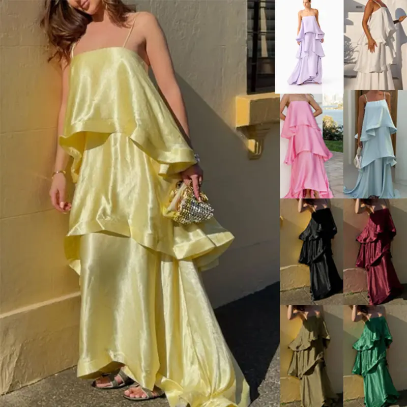 White Maxi Dress for Women, Sleeveless Casual Tiered Satin Summer Gown, Loose Fit for Vacation & Party Wear, Dresses For Party, Women's Clothes, Maxi Dresses