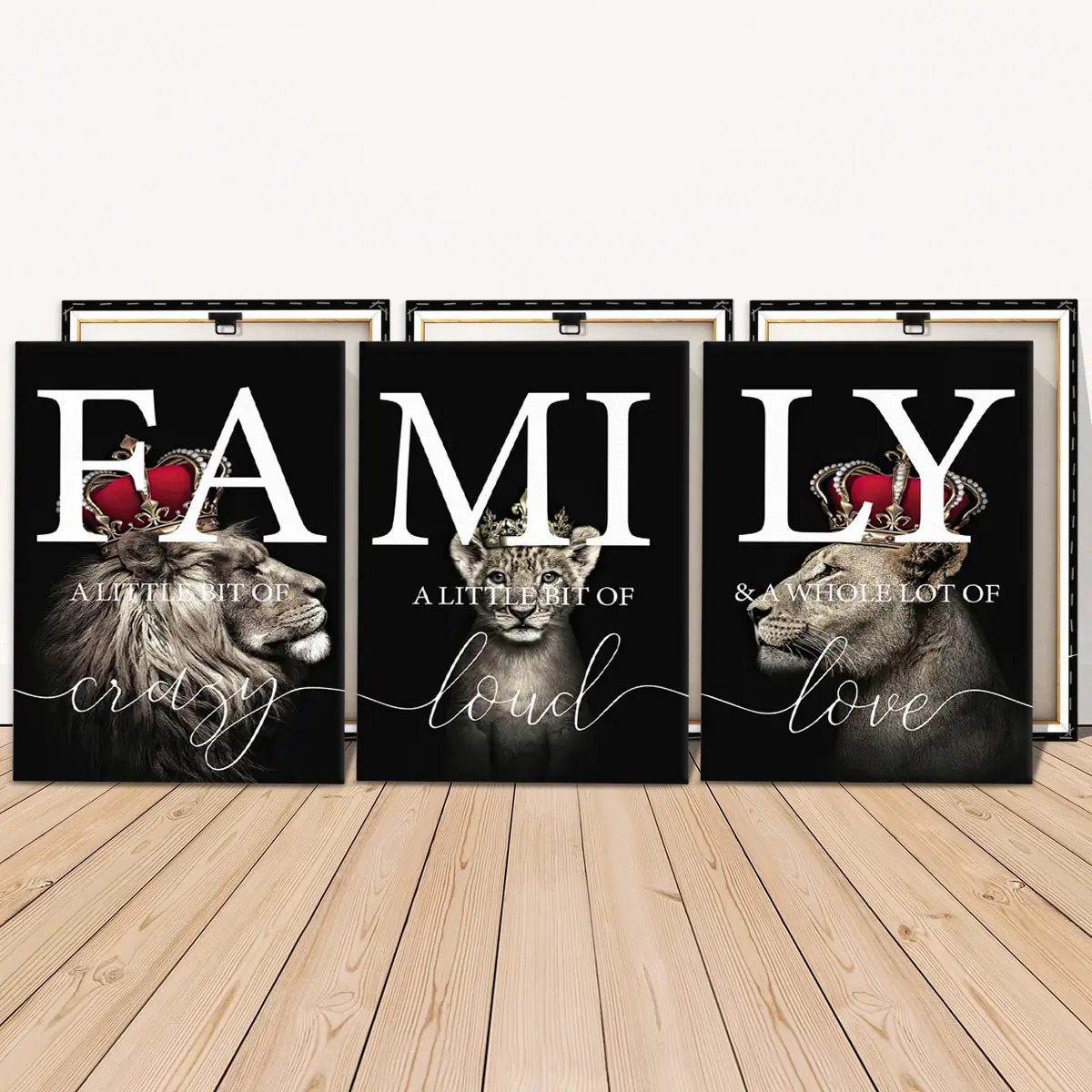 3 Counts Wooden Framed Canvas Painting, Majestic Lion Family Crown Images, Poster, Living Room Decoration, Modern Home Decor, Modern Art, Wall Art Decoration, Waterproof Art, Western Wall Art, Canvas Prints