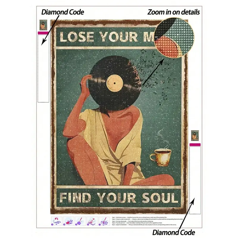 5D DIY Diamond Painting Crafts | Vintage Vinyl Record Rhinestones Full Mosaic Diamond Painting Kits. "Lose Your Mind, Find Your Soul" HD Wall Art Diamond. Gift Diamond Painting, Concentrate And Calm Your Mood Through DIY.