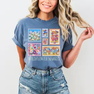 Wildflower Market Stamp Comfort Colors Tee, Women's Shirt Floral Graphic Vintage Postage Style Spring Garden Look Womenswear Tops