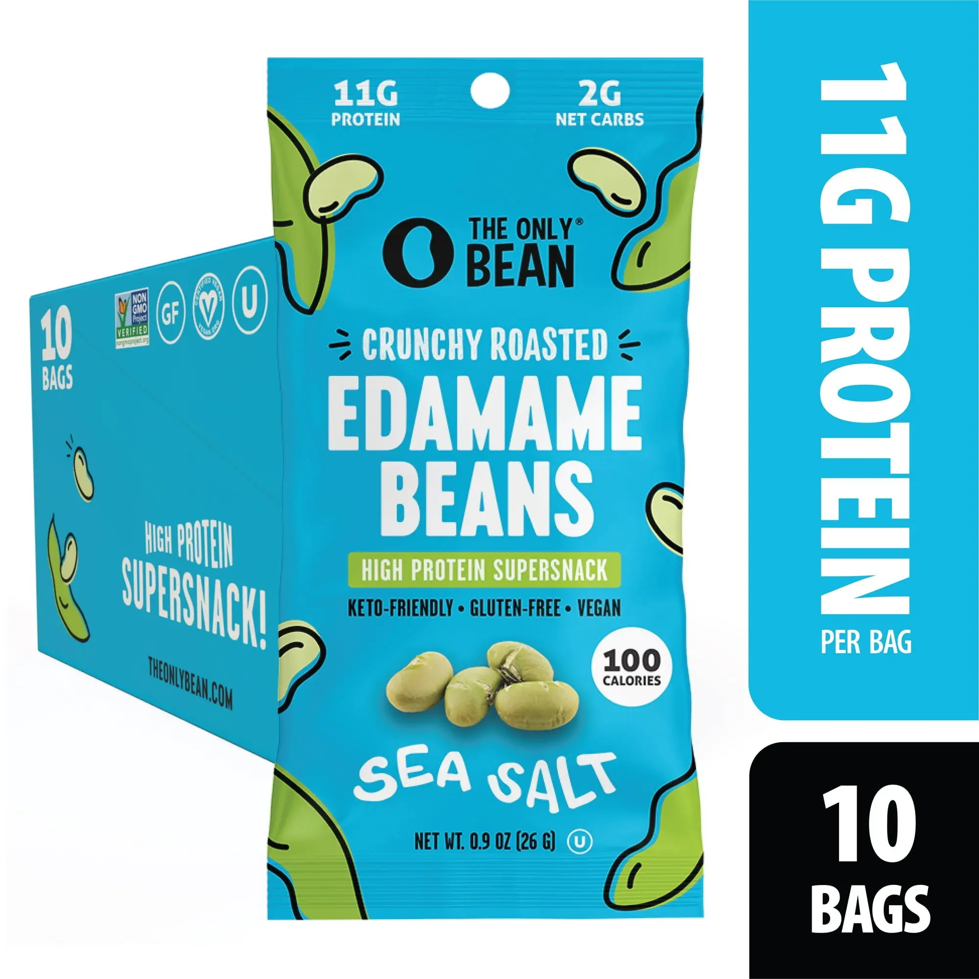 The Only Bean - Crunchy Roasted Edamame Beans (Sea Salt) - Keto Snack, High Protein, Healthy Snacks, Low Carb, Gluten-Free & Vegan (0.9oz) (10 Pack)