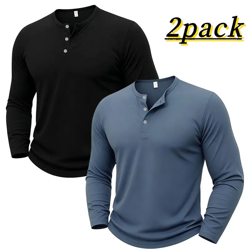 Men’s two-pack long-sleeve Henley-collar T-shirts, American minimalist casual style, 100% polyester fabric, three-button Henley collar design, relaxed yet fitted cut, suitable for everyday commuting, outdoor leisure, and short trips; solid-color basic sty