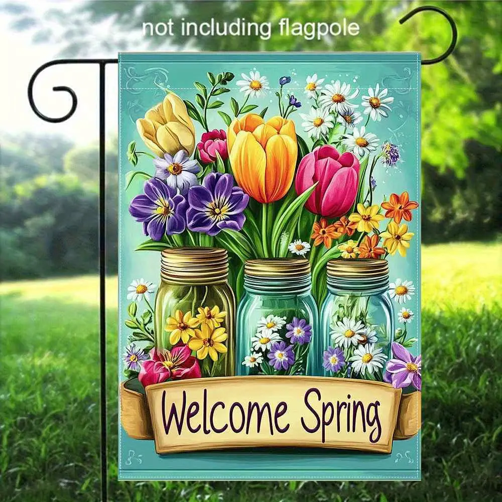 Spring Floral Flat Garden Flag, 1pc Durable Linen Outdoor Decor, Vibrant Flower Arrangement & Welcome Design, 2D Style, Flagpole Not Included, Home & Festive Party Backdrop Banner Accessory, Flat Flag