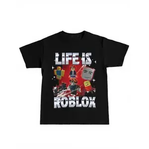 Roblox Game Print T-Shirt for Students, Casual Aesthetic Summer Streetwear Long Sleeve Fitted Tee, H-Type Silhouette, Perfect for Campus & Everyday Daily Wear