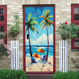 2pcs Summer Beach Style Decorative Wall Stickers Coconut Tree Seaside Scene Self Adhesive Wallpaper for Living Room Bedroom Removable Waterproof Home Decoration Wall Decals