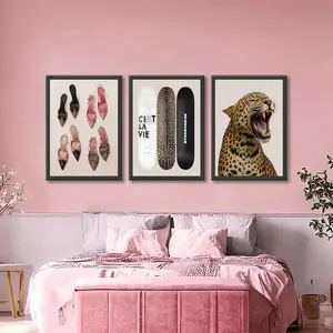 3 Piece Set Frameless New Yorker Style Pink Leopard Print Design Canvas Print Painting Vintage Retro Magazine Wall Art for Living Room Bedroom Office Home Decor