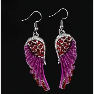 Angel Wings Inlaid Rhinestone Dangle Earrings Fine Jewelry with Purple Accents and Red Rhinestones
