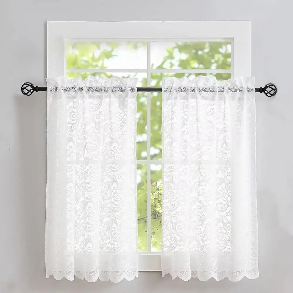 Lace Kitchen Curtains, 36 inches Length, 2 Panels-Retro White Kitchen Window Curtains over Sink, Lace Curtains Short for Small Window, Sheer for Bathroom Windows, Cabinet, Laundry Room Decor 26W x 36L