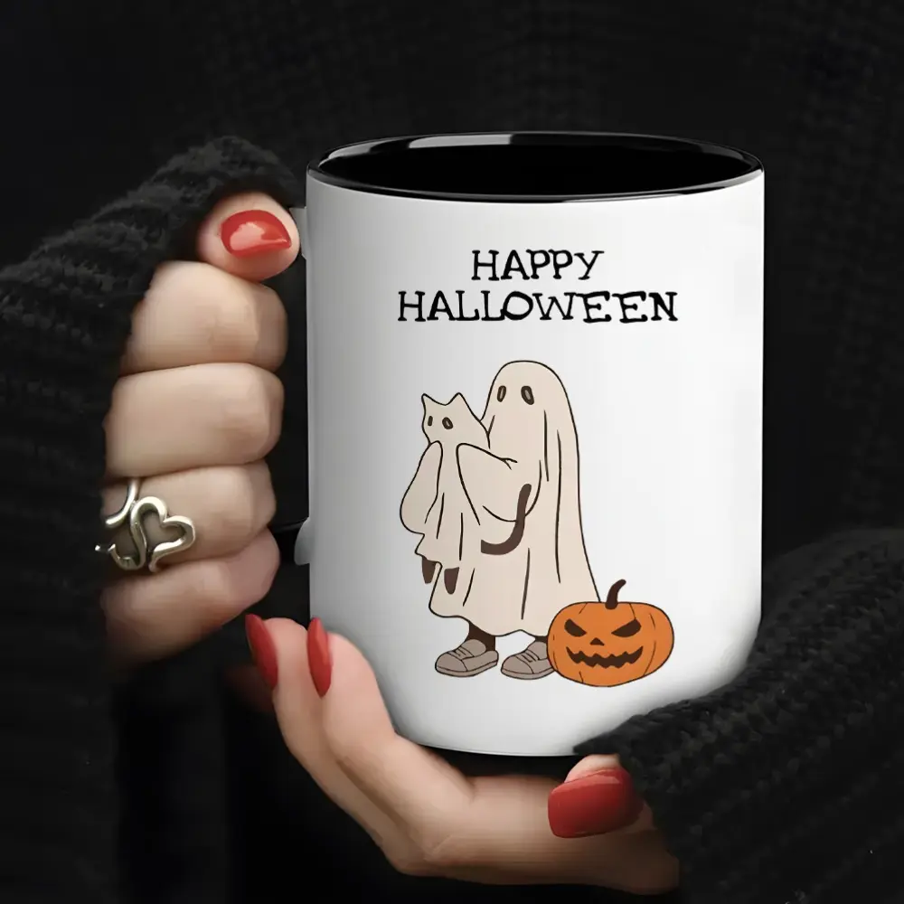 11oz Inner‑Black Ceramic Coffee Mug, Happy Halloween Cute Ghost Hug Cat Pumpkin Design, Spooky Season Fall Holiday Gift for Her