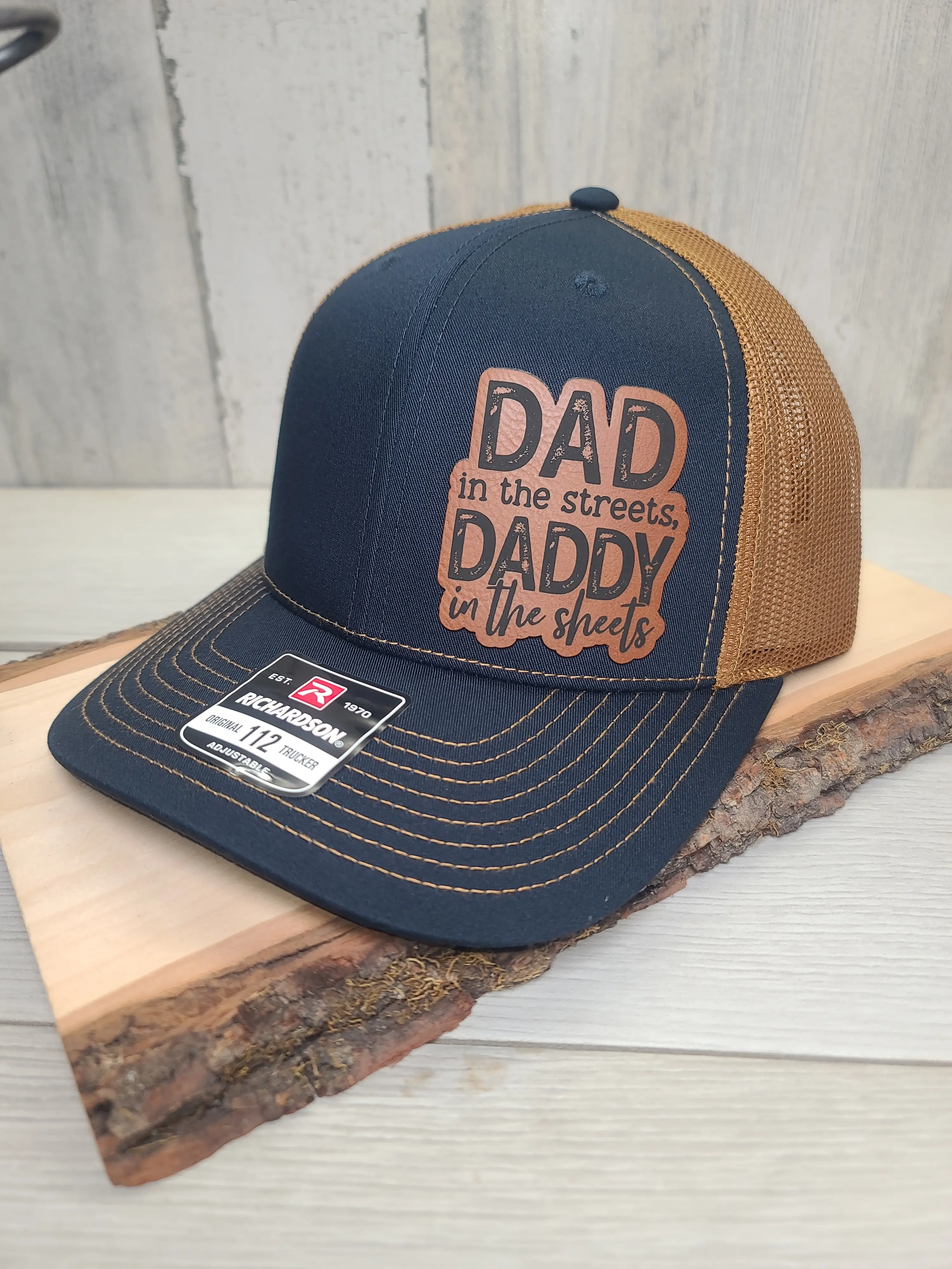 Dad In The Streets Funny Men's Trucker Leather Patch Hat mens hats dad hats Dome Mesh Cap Adjustable Snapback Cap