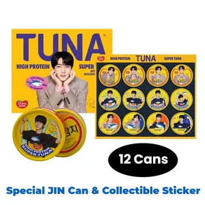 DONGWON x BTS Jin Super Tuna Limited Edition 12-Can Gift Box Set& 4 -can Pack Exclusive Korean K-Pop Gift for Christmas & New Year Ready-to-Eat Tuna in Oil with Jin Packaging & Stickers 1620g - 【Limited giveaway of one collectible JIN sticker】High Protein