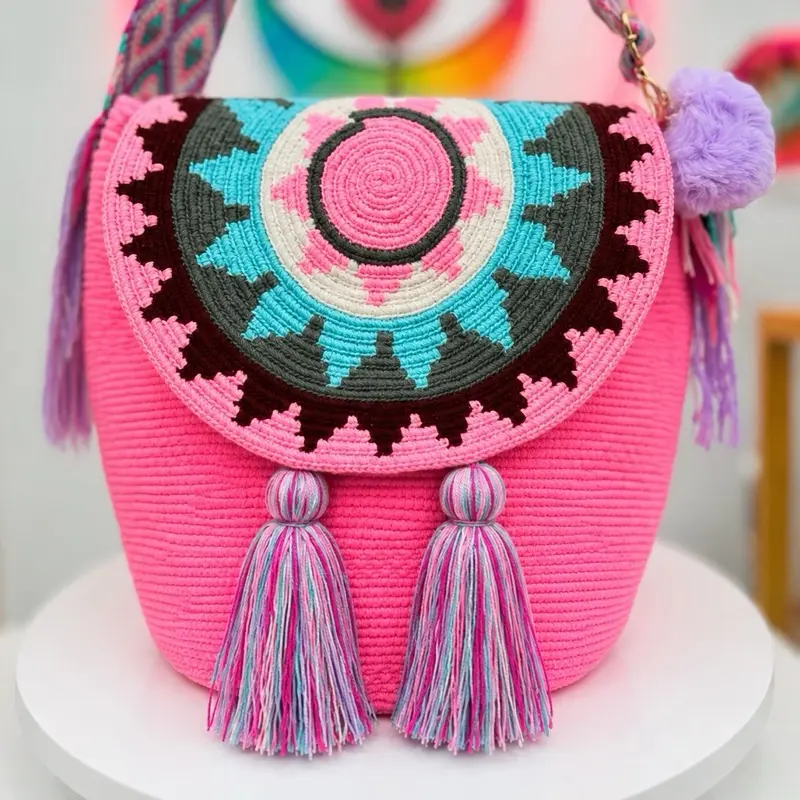 Handmade Wayuu Crochet Bucket Bag | Pink Boho Crossbody Purse | Artisan Colombian Shoulder Bag with Tassels & Pom Pom