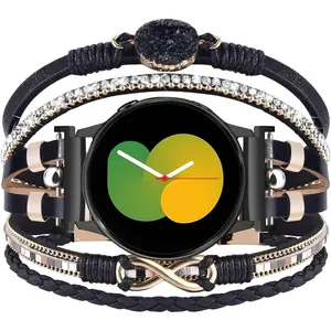 Beaded Boho Bracelet for Samsung Galaxy Watch 7 6 5 4 FE Band 40mm 44mm, Galaxy Watch 6 4 Classic Band 42mm 46mm 43mm 47mm/Galaxy Watch 5 Pro/Active 2 Band Women, 20mm Leather Handmade Multilayer Wrap Bands