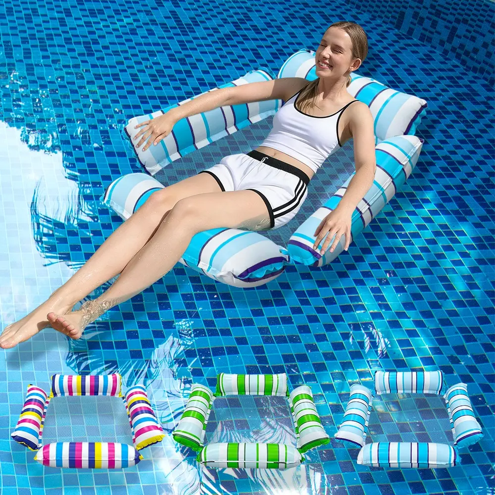 Colorful Inflatable Pool Hammock Floats 2 Tubes Adult Size Water Hammock 4-In-1 Multi-Functional Pool Floating Toy Pool Float Lounge Pool Lounger Float Pool Chair Float Pool Float Chairs