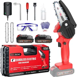 Mini Chainsaw, RLSOO Upgraded 4-Inch Battery Powered Cordless Chainsaw, Portable One-Handed Rechargeable Electric Chainsaw for Tree Trimming Branch Wood Cutting（2 Batteries, 3 Chains Included） mini chainsaw
