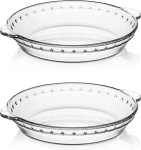 2 Pack 9.5 Inches Round Glass Pie Pan for Baking, Non-Stick Baking Dish Pie Plate with Soft Wave Edge, Perfect for Apple Pie Pumpkin Pie Pot Pies and Daily Dinner