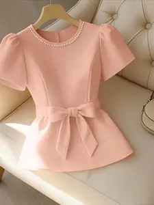 Elegant Chic Beaded Design Round Neck Slim Fit Bow Blouse Short Sleeve Shirt, Perfect for College Campus Wear