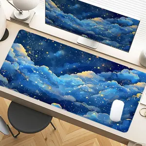 Dreamy Starry Night Sky Blue Golden Clouds Desk Pad Gaming Mousepad XXL Mouse Pad For Laptop Desk Mouse Pad Extra Large With Non-Slip Rubber Base Stitched Edges Surface For PC Gamers Office Workers & Home Use Ideal Gift For Christmas Birthday Anniversary