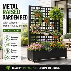 Rolling Raised Garden Bed with Trellis Planter Box for Climbing Plants Tomatoes Vegetables 73x47x16 Metal Outdoor Patio Privacy Screen Balcony Grow Container Mobile Gardening Vine Support Stand Drainage Holes