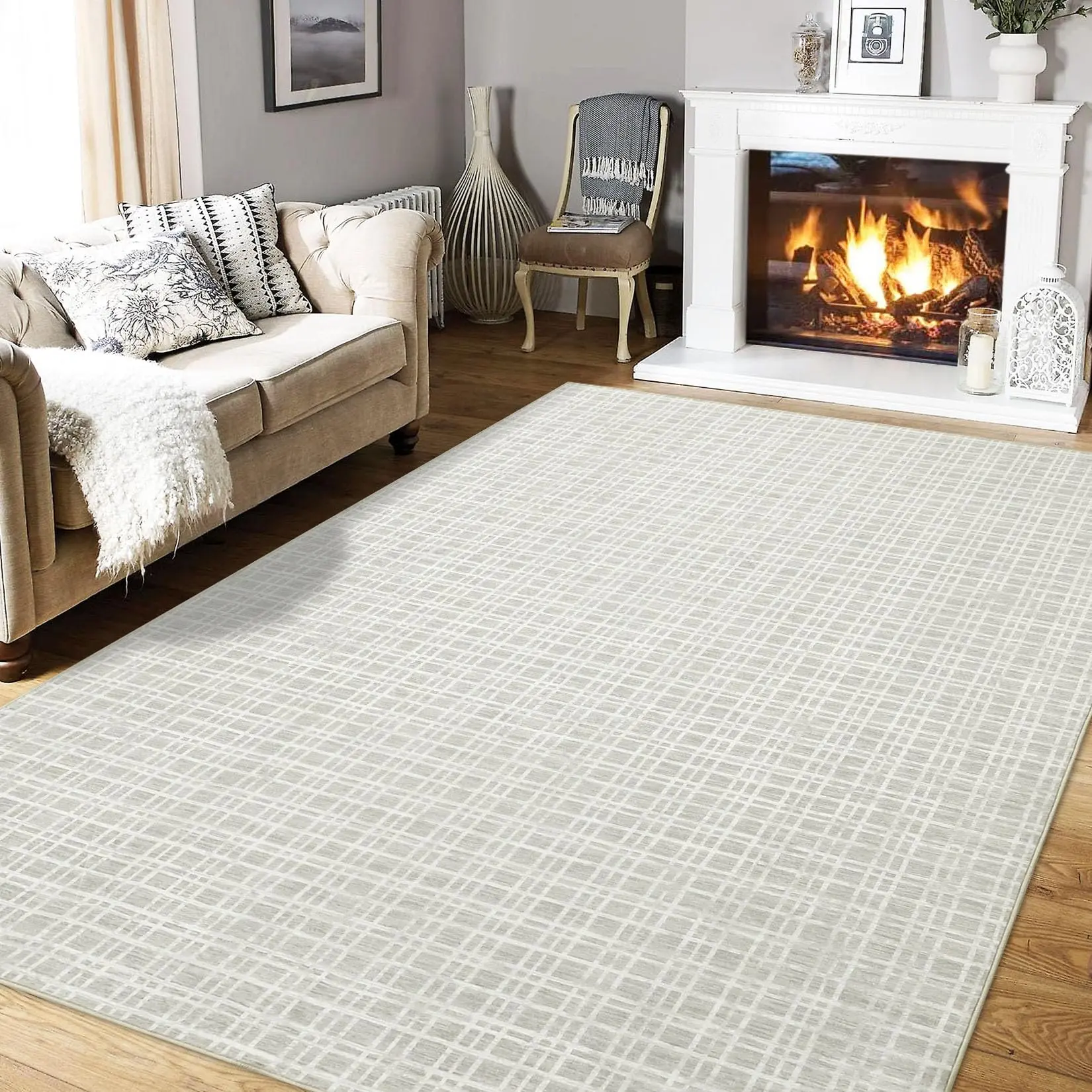 Garvee Large 10x13 Bedroom Rug - Machine Washable, Non-Slip, Stain Resistant Modern Plaid Area Rug for Living Room, Office, Dining Room, Kids Room in Light Grey