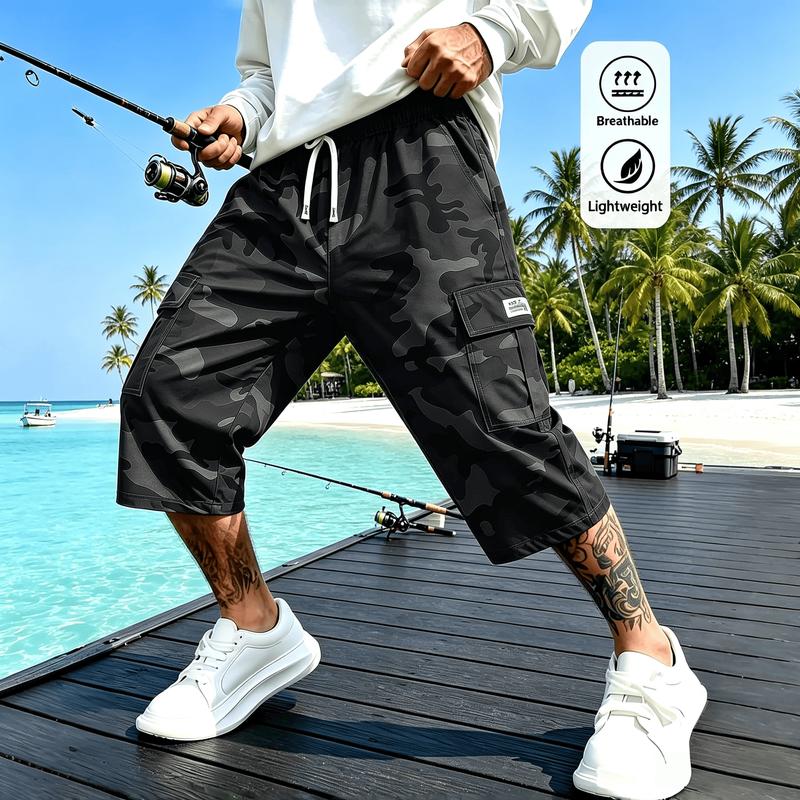Men's regular size camouflage work pants shorts, lightweight and breathable knee length fishing pants, drawstring elastic waist with multiple pockets, loose fit outdoor hiking casual sports cropped pants, for daily use in summer