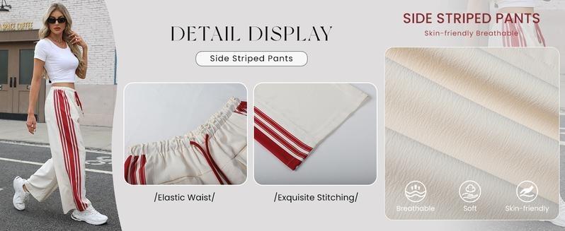 WoodBerry Women's Wide Leg Track Pants Drawstring High Waist Side Stripe Elastic Casual Sweatpants with Pockets Womenswear Slouchy Palazzo Pants